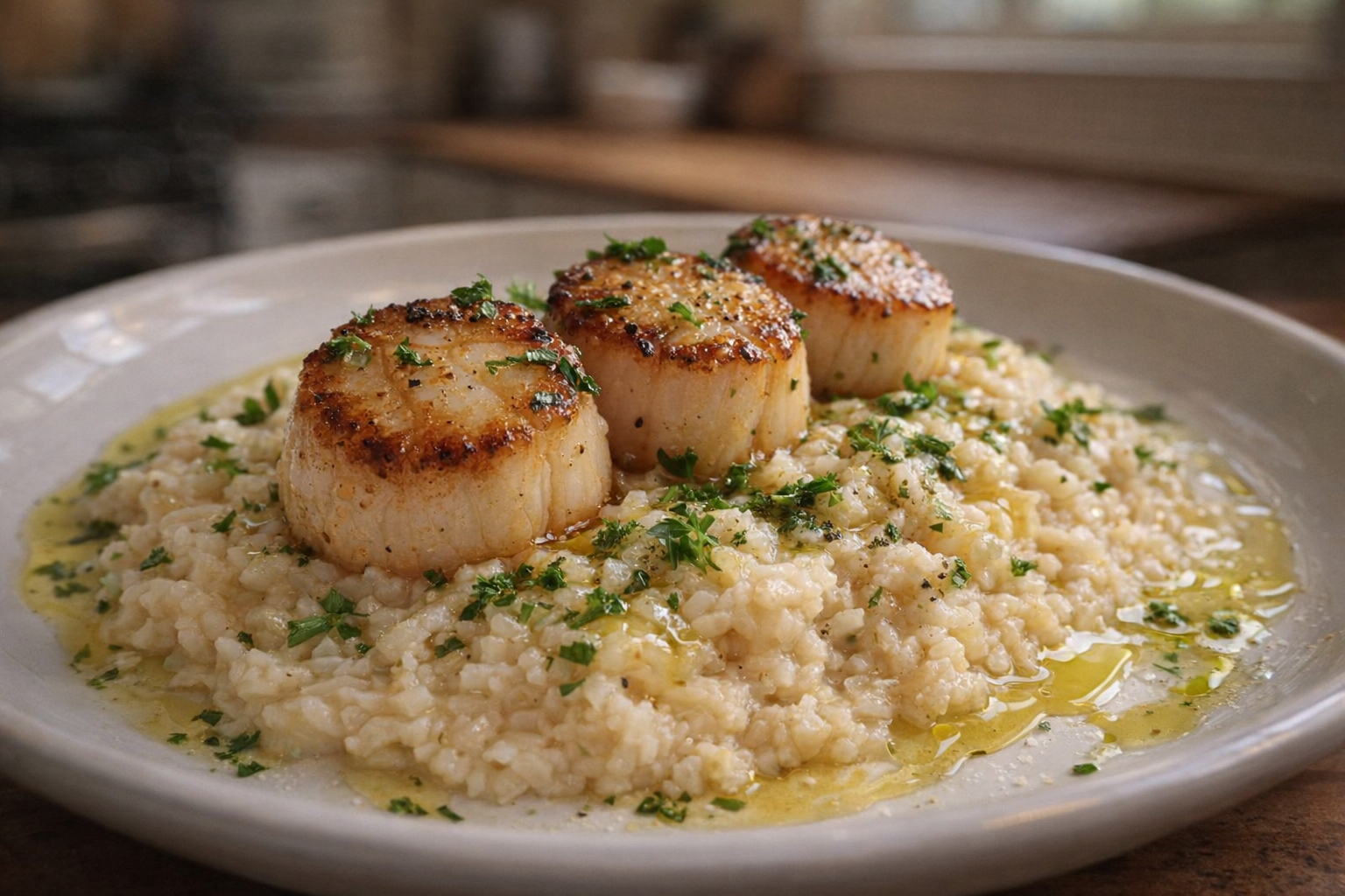 A plated dish of pan-seared scallops served over a bed of creamy risotto, garnished with fresh parsley and a drizzle of olive oil, soft, warm lighting